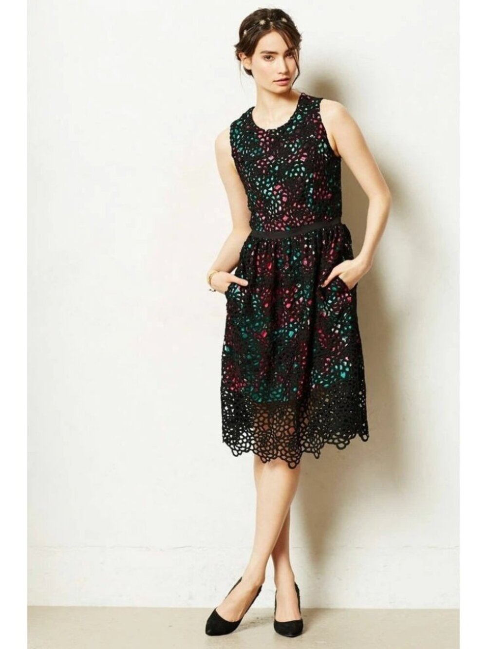 Anthropologie Wolven Size 6 Terrace Sheath Dress Black Crochet Lace Sleeveless